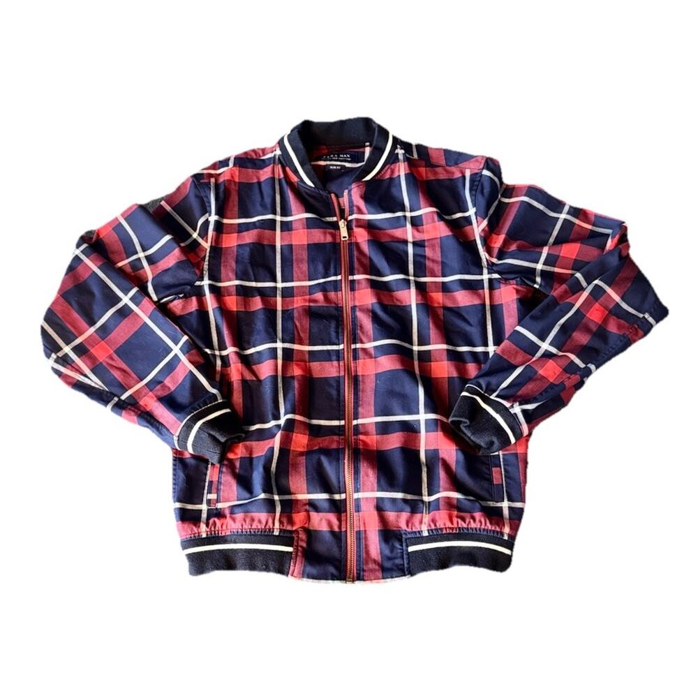 Zara Man Zip Front Slim Fit Plaid Full Zip Light Jacket~Size S